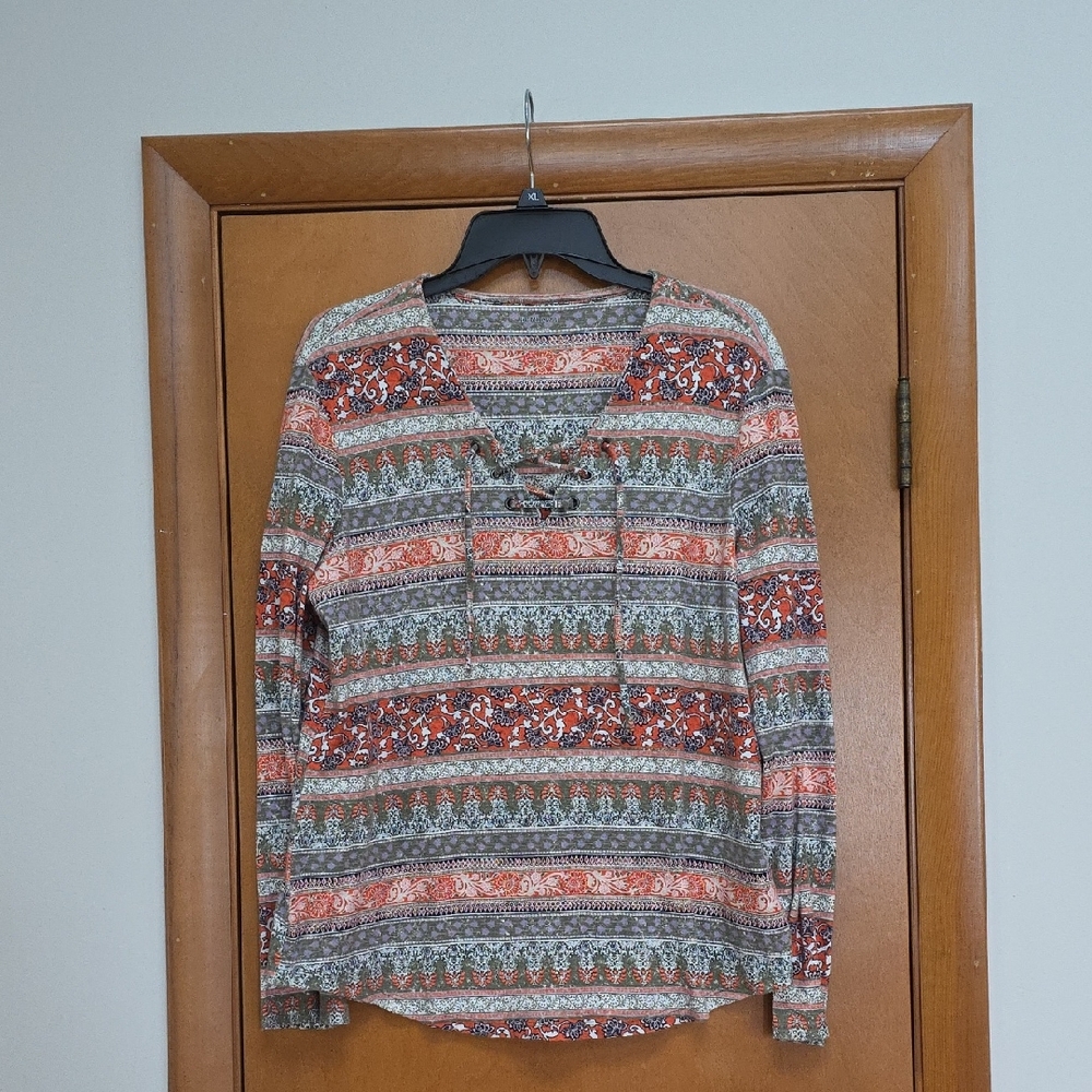 Ruff Hewn Women's Striped Floral Blouse - Red, Green, Gray
